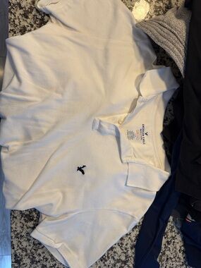 American Eagle Outfitters White V-Neck Polo Sweater with Navy Logo